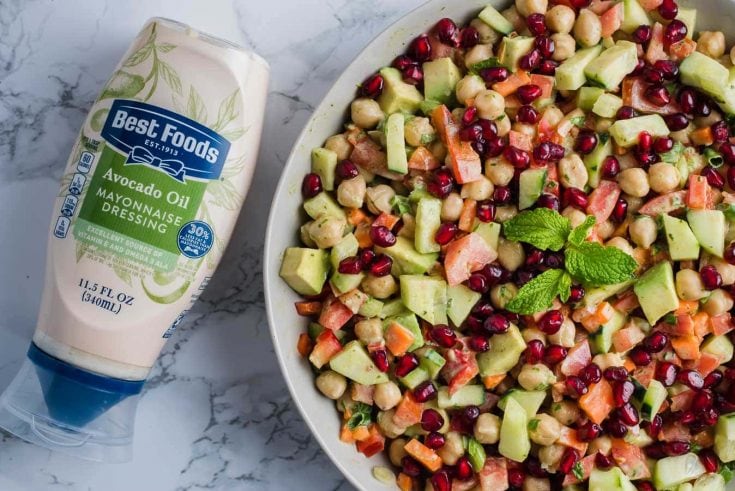 Chickpea salad with a green salad dressing made with Hellmann's Mayonnaise