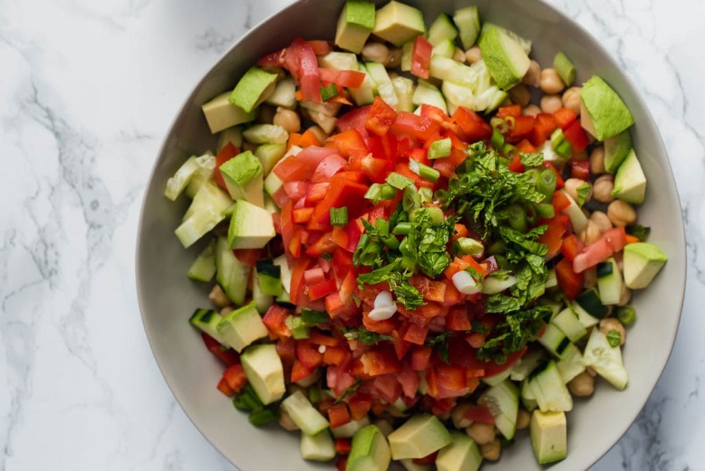 Chickpea salad in a bowl.