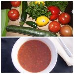 Gazpacho ingredientes y preparado en un bol.