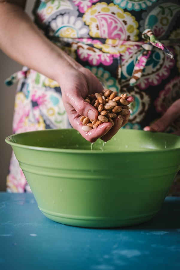 Holding dry pinto beans that have been soaked overnight.
